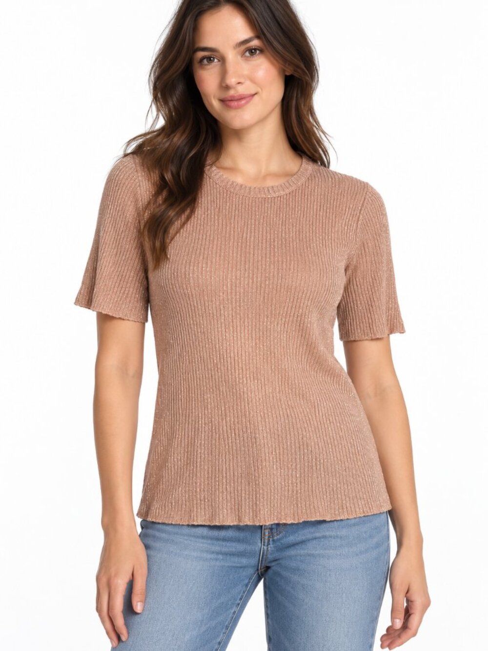Vintage Jordano Gold Shimmer Metallic Ribbed Knit Short Sleeve Top